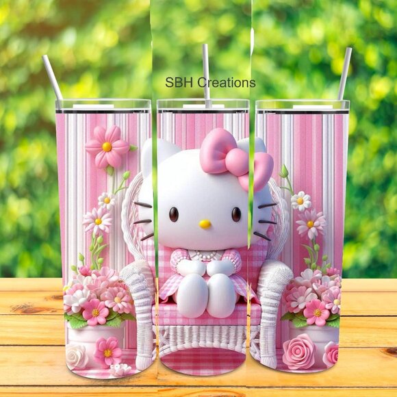 20oz Pink Flower Hello Kitty insulated tumbler with siding lid and straw - Picture 1 of 1